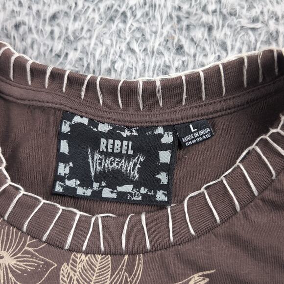 Rebel Vengeance Shirt Adult Large Brown Embroidered Graphic Skull Floral Tee - Picture 2 of 6